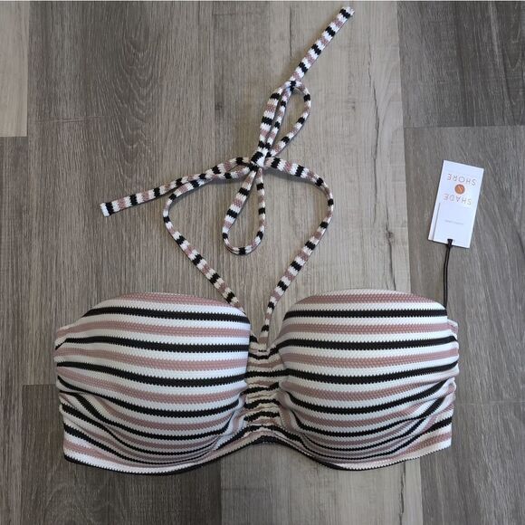 Shade & Shore halter bandeau bra size black white stripe bikini swim top 38D - Picture 4 of 6